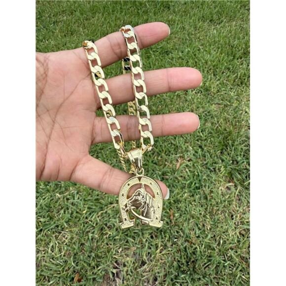 14K Gold Plated Hip Hop Horseshoe U-Shaped Pendant with Cuban Chain 24" 8mm - Picture 4 of 8